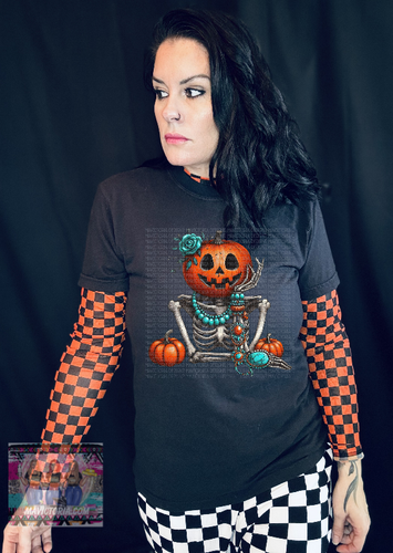 Turquoise wearing skellie pumpkin black comfort colors graphic tee - Mavictoria Designs Hot Press Express