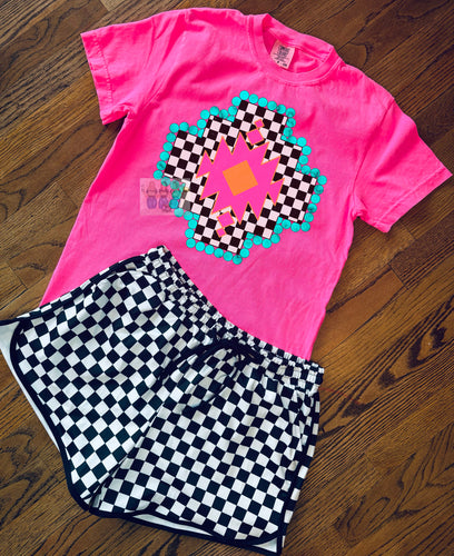 Comfort colors neon pink checkered aztec print graphic tee - shorts available under style - Mavictoria Designs Hot Press Express