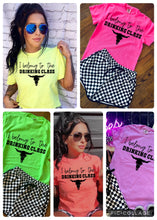 Load image into Gallery viewer, Neon Collection I BELONG TO THE DRINKING CLASS bullskull on Comfort Colors or Beach Wash Graphic Tees // checkered shorts sold separately - Mavictoria Designs Hot Press Express
