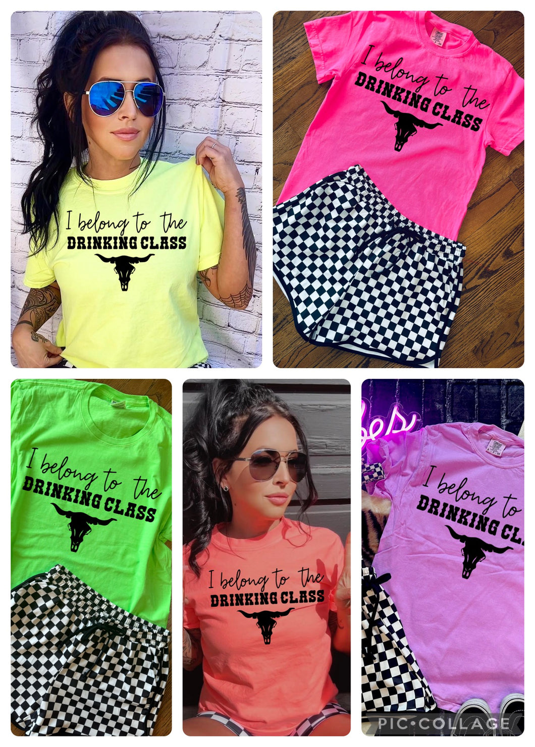 Neon Collection I BELONG TO THE DRINKING CLASS bullskull on Comfort Colors or Beach Wash Graphic Tees // checkered shorts sold separately - Mavictoria Designs Hot Press Express