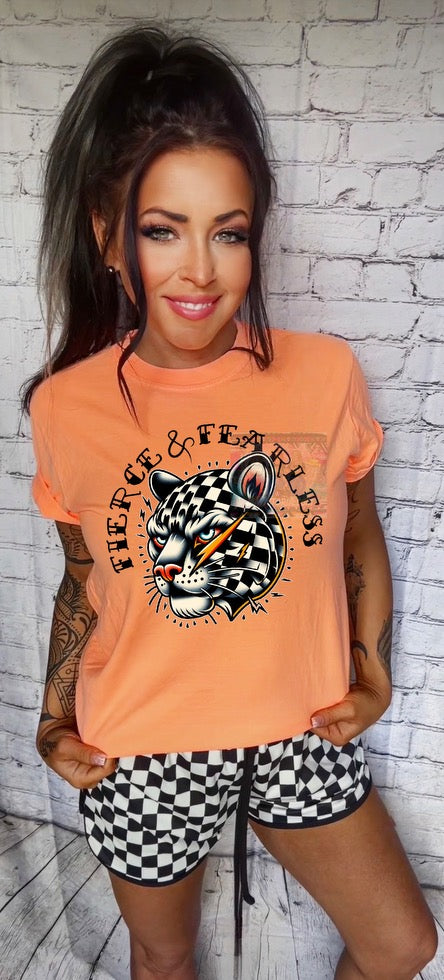 Fierce and Fearless checkered big cat comfort colors graphic tee // checkered shorts available separately - Mavictoria Designs Hot Press Express