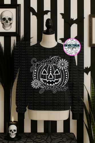 Faux rhinestone spooky season on black hoodie, crewneck, long sleeve or tee - Mavictoria Designs Hot Press Express