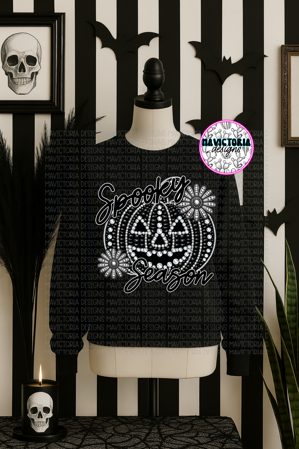 Faux rhinestone spooky season on black hoodie, crewneck, long sleeve or tee - Mavictoria Designs Hot Press Express