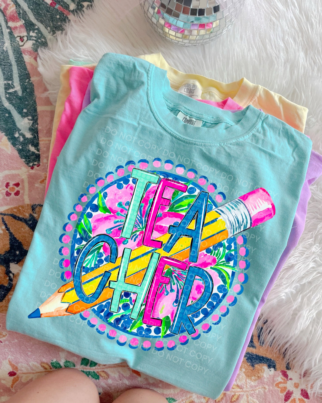 Colorful paisley TEACHER NEON graphic tee on comfort colors - Mavictoria Designs Hot Press Express