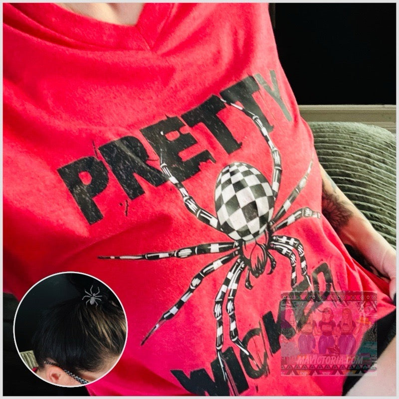 PRETTY WICKED red hoodie, crewneck, long sleeve or graphic tee (first 6 orders get a free spider ponytail holder) - Mavictoria Designs Hot Press Express