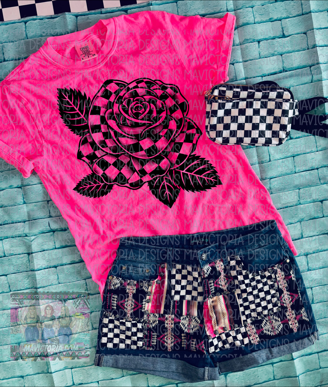 Checkered rose on neon pink COMFORT COLORS GRAPHIC TEE // denim patched up shorts available separately - Mavictoria Designs Hot Press Express