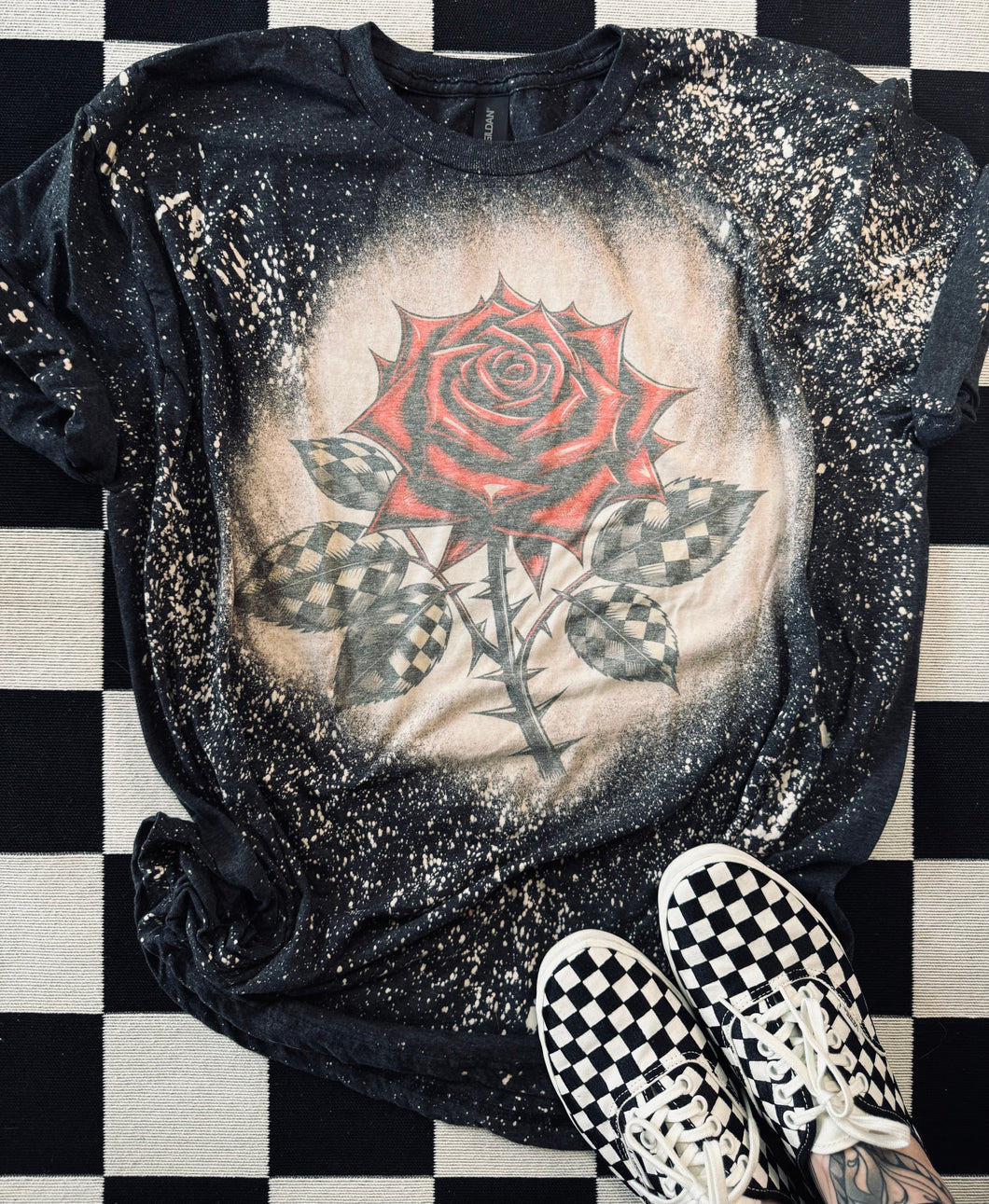 Checkered red rose charcoal bleached western stitch graphic tee - Mavictoria Designs Hot Press Express