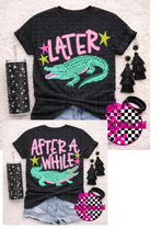 Load image into Gallery viewer, See you later alligator after while crocodile front and back design on LAT black leopard graphic tee - Mavictoria Designs Hot Press Express
