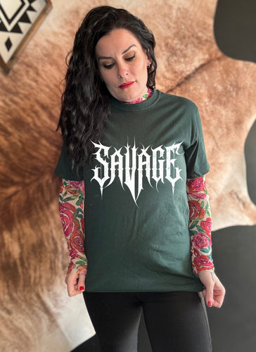 SAVAGE on forest green graphic tee crew long sleeve or hoodie - Mavictoria Designs Hot Press Express