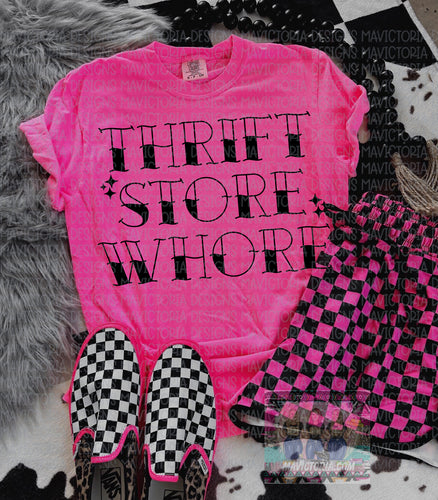 THRIFT STORE WHORE neon pink comfort colors graphic tee - Mavictoria Designs Hot Press Express