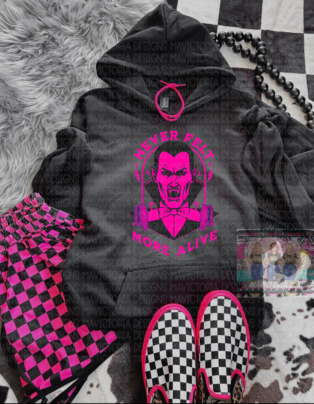 NEVER FELT MORE ALIVE on black graphic hoodie / / shorts available separately - Mavictoria Designs Hot Press Express