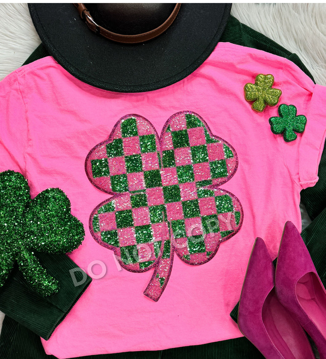 Neon pink tee with checkered shamrock cheille sequin patch - Mavictoria Designs Hot Press Express