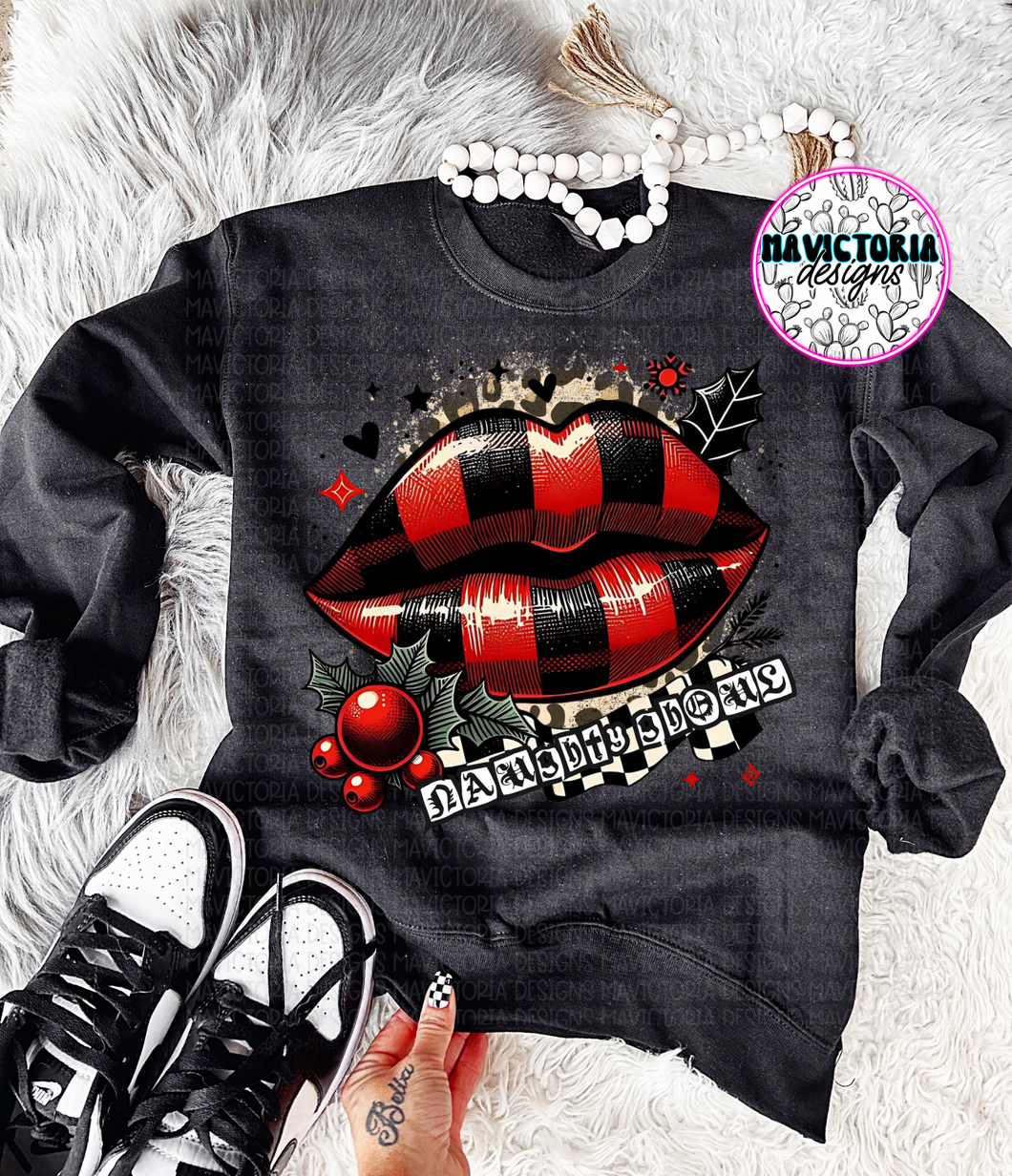 Naughty ghoul red checkered lips on black hoodie , crewneck, long sleeve or tee