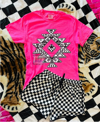 Black and white aztec print on neon pink comfort colors graphic tee // checkered shorts available separately - Mavictoria Designs Hot Press Express