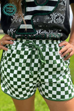 Load image into Gallery viewer, Team GREEN checkered athletic shorts with drawstring and pockets by Sterling Kreek - Mavictoria Designs Hot Press Express
