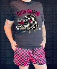 Load image into Gallery viewer, FEELIN CRAPPIE black comfort colors tee // checkered fish // shorts sold separately - Mavictoria Designs Hot Press Express
