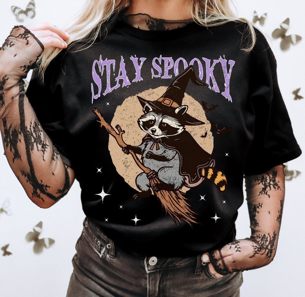 Stay spooky raccoon on black comfort colors graphic tee - Mavictoria Designs Hot Press Express