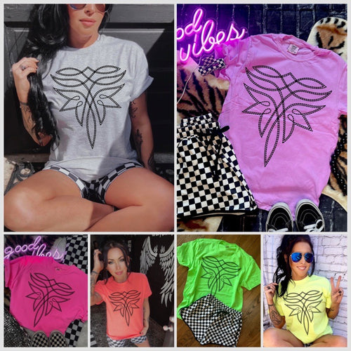 The Neon Boot Stitch Collection VOLUME 2 comfort colors graphic tee LEMON VIOLET PINK GREEN CORAL and GRAY checkered shorts sold separately - Mavictoria Designs Hot Press Express