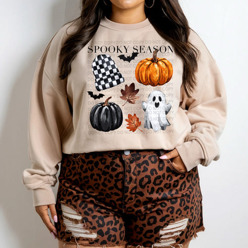 Spooky season checkered hat on sand hoodie, crewneck, long sleeve or tee - Mavictoria Designs Hot Press Express