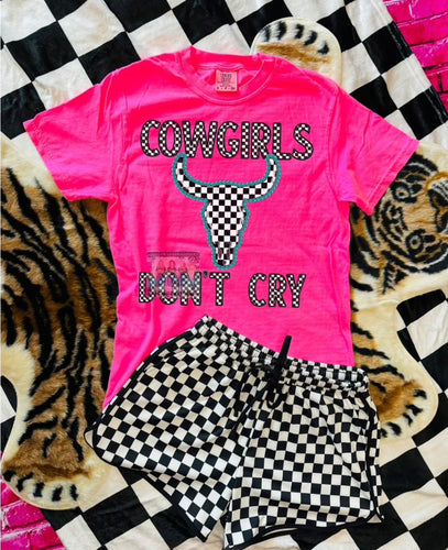 Cowgirls Don’t Cry checkered bullskull neon pink comfort colors graphic tee // checkered shorts available separately - Mavictoria Designs Hot Press Express