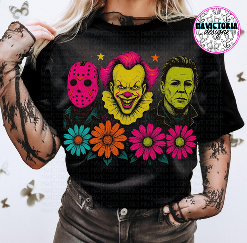 Neon floral horror men JASON PENNYWISE MICHAEL on black hoodie, crewneck, long sleeve or tee - Mavictoria Designs Hot Press Express