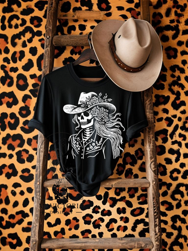 Skellie cowgirl on black hoodie, crewneck, long sleeve or tee // western - Mavictoria Designs Hot Press Express