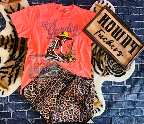 Neon coral comfort colors life’s a garden dig it graphic tee - Mavictoria Designs Hot Press Express