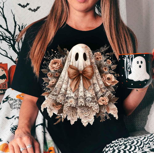 LACE GHOST demure black hoodie, crewneck, long sleeve or graphic tee - Mavictoria Designs Hot Press Express