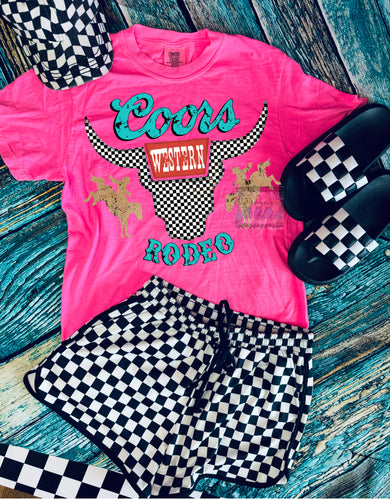 Coors western rodeo checkered print on neon pink comfort colors // shorts available separately - Mavictoria Designs Hot Press Express