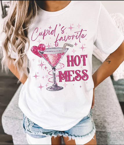 Cupids favorite hot mess VALENTINES on white hoodie, crewneck, long sleeve or graphic tee - Mavictoria Designs Hot Press Express