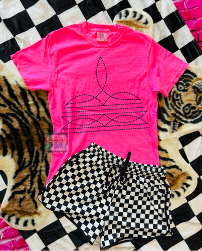 The Neon Boot Stitch Collection comfort colors graphic tee LEMON VIOLET PINK GREEN CORAL checkered shorts sold separately - Mavictoria Designs Hot Press Express