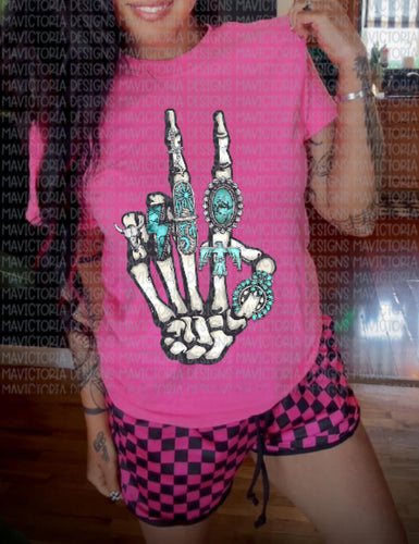 Skellie peace sign with turquoise on neon pink comfort colors graphic tee - Mavictoria Designs Hot Press Express