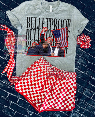 BULLETPROOF trump grey Bella graphic TEE - Mavictoria Designs Hot Press Express