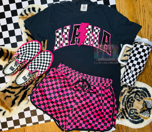 Comfort colors graphic tee with checkered hot pink MAMA // pink and black checkered shorts available separately - Mavictoria Designs Hot Press Express