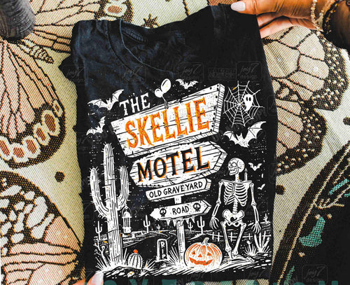 Skellie motel on black hoodie, crewneck, long sleeve or graphic tee - Mavictoria Designs Hot Press Express