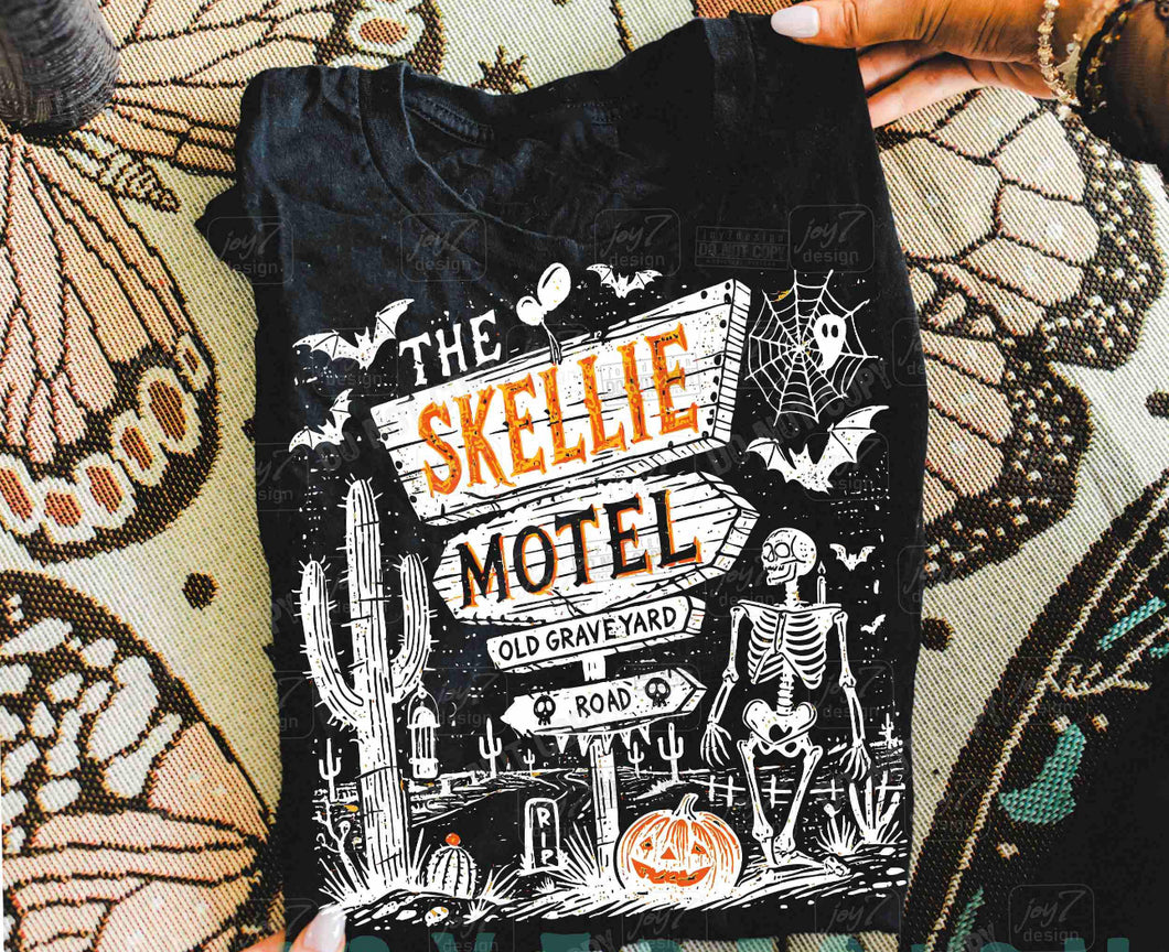 Skellie motel on black hoodie, crewneck, long sleeve or graphic tee - Mavictoria Designs Hot Press Express