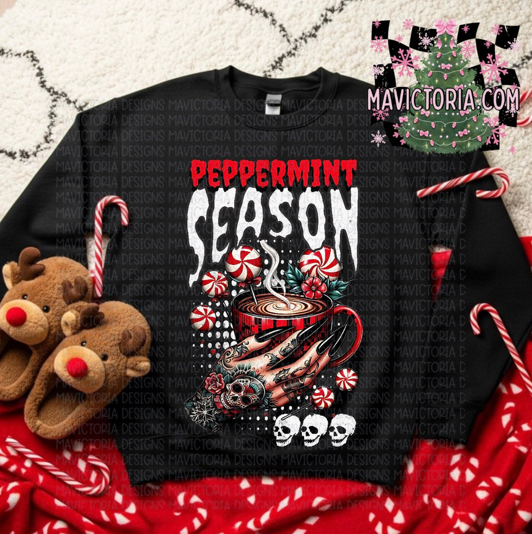 Peppermint season on black hoodie, crewneck, long sleeve or tee - Mavictoria Designs Hot Press Express