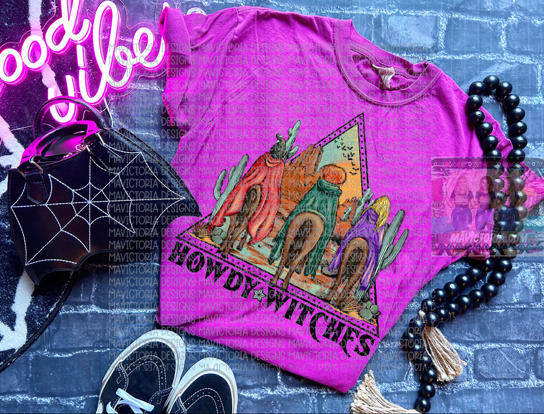 HOWDY WITCHES HP western graphic tee Bella heathered magenta - Mavictoria Designs Hot Press Express