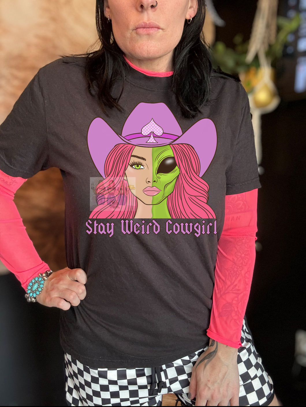 Stay weird Cowgirl alien space cowgirl // neon pink mesh long sleeve // checkered shorts sold separately - Mavictoria Designs Hot Press Express