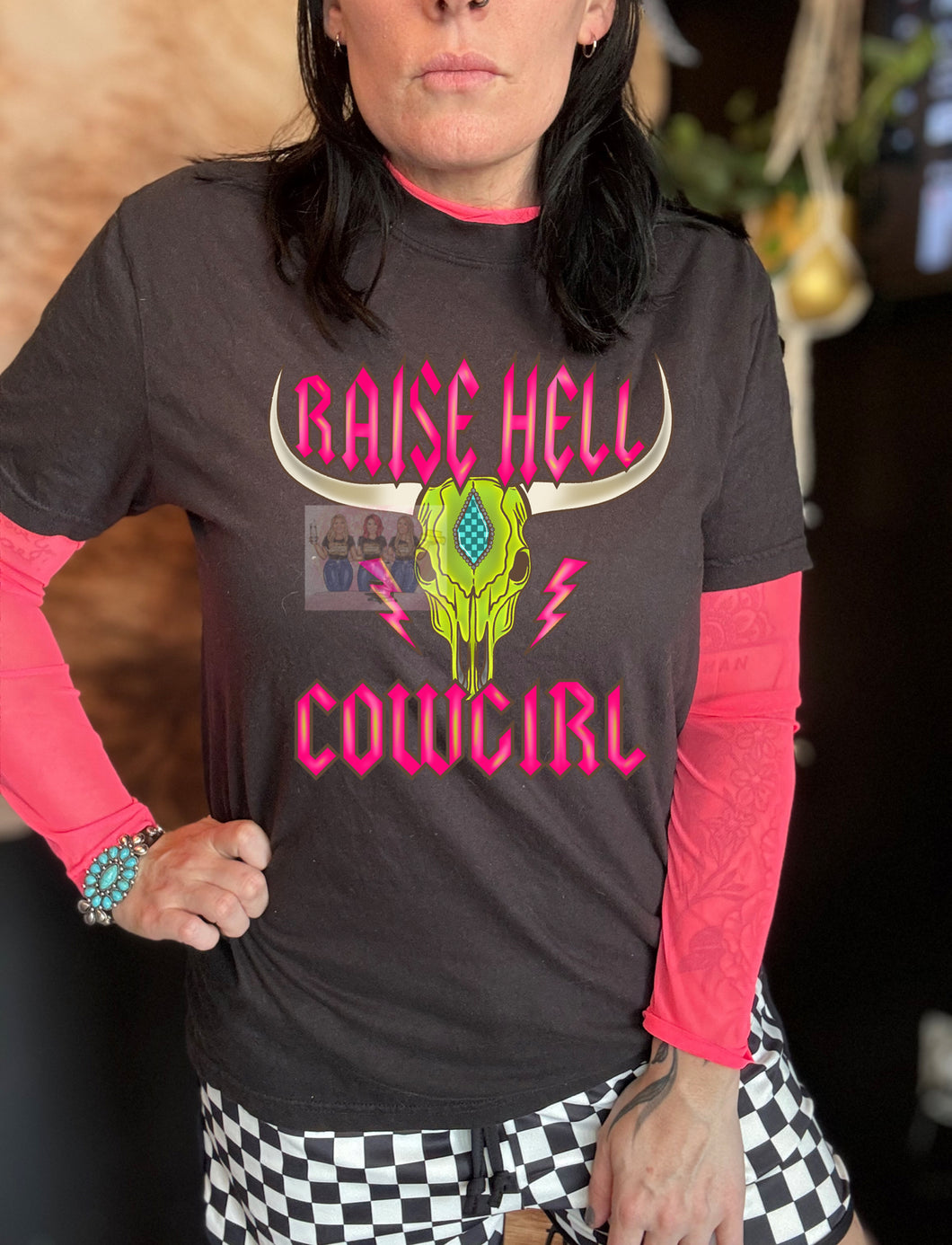 Raise Hell Cowgirl bullskull graphic tee // neon pink mesh long sleeve // checkered shorts sold separately - Mavictoria Designs Hot Press Express