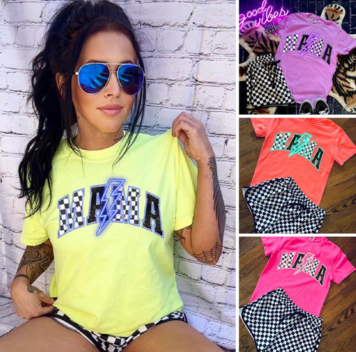 Neon comfort colors MAMA lightning graphic tee LEMON VIOLET PINK CORAL checkered shorts sold separately - Mavictoria Designs Hot Press Express