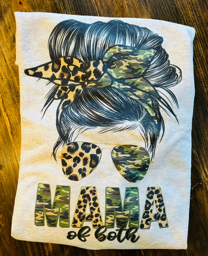 Camo and leopard MAMA OF BOTH messy bun on ash hoodie , crewneck, long sleeve or tee - Mavictoria Designs Hot Press Express