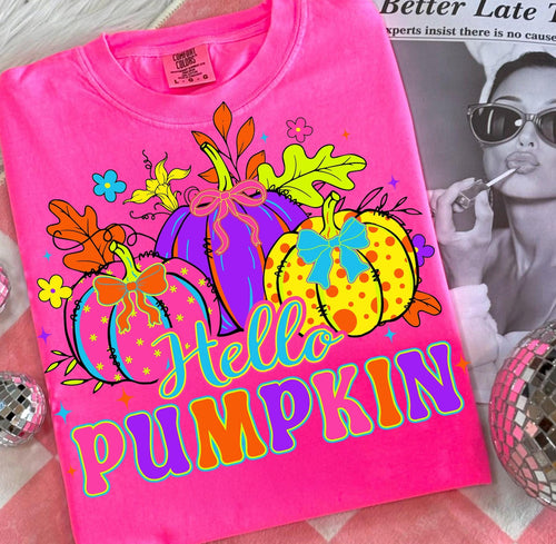 Neon hello pumpkin comfort colors graphic tee (you pick color)e - Mavictoria Designs Hot Press Express