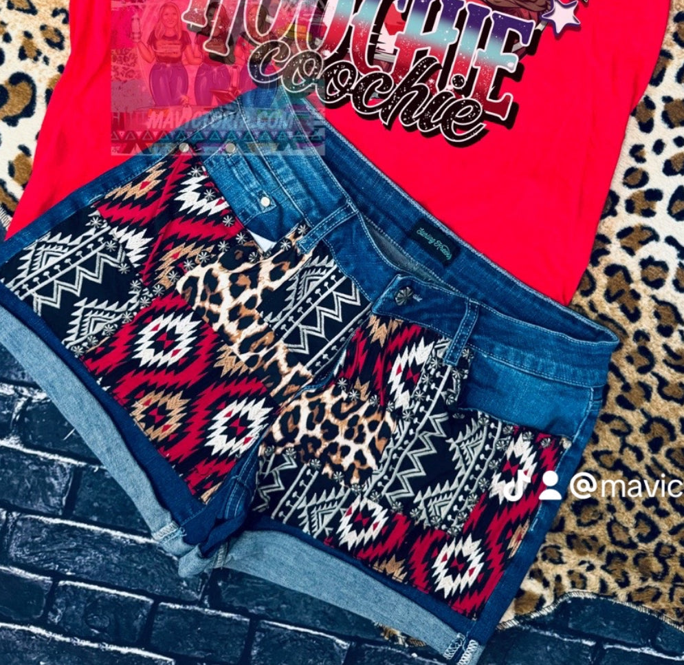 Leopard and red Sterling Kreek Patched Up Shorts - Mavictoria Designs Hot Press Express