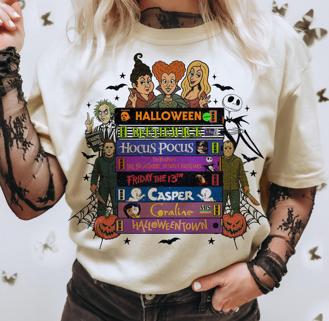 Halloween movies vhs tape on Ivory comfort colors graphic tee - Mavictoria Designs Hot Press Express