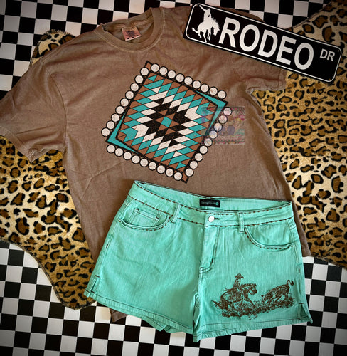 Espresso chocolate brown Aztec graphic tee paired with the turquoise cowboy cutter denim shorts SOLD SEPARATELY - Mavictoria Designs Hot Press Express