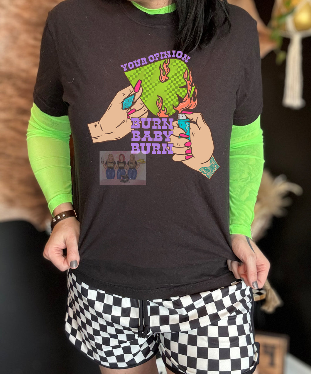 Your opinion burn baby burn spade graphic tee  // neon green mesh long sleeve // checkered shorts sold separately - Mavictoria Designs Hot Press Express