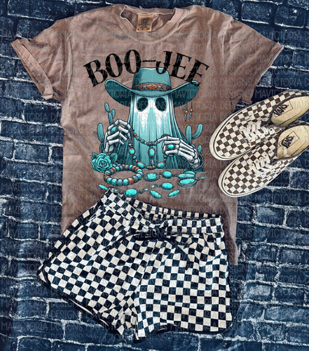 Turquoise BOOJEE ghost on espresso brown graphic tee // shorts available separately - Mavictoria Designs Hot Press Express