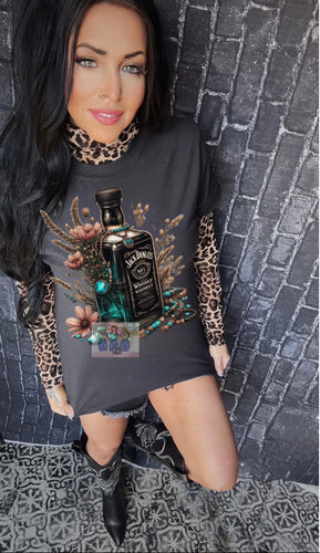 Comfort colors black graphic tee floral Jack Daniel’s whiskey bottle - mesh undershirt sold separately - Mavictoria Designs Hot Press Express