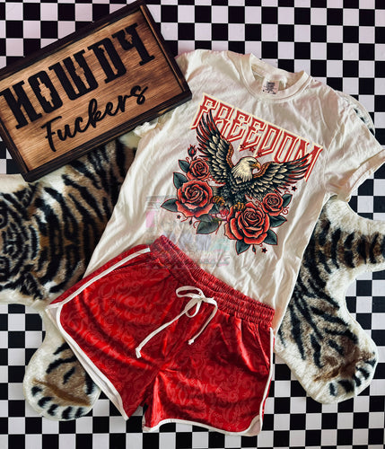 Comfort colors ivory FREEDOM graphic tee paired with our red BOOT STITCH SHORTS //sold separately - Mavictoria Designs Hot Press Express